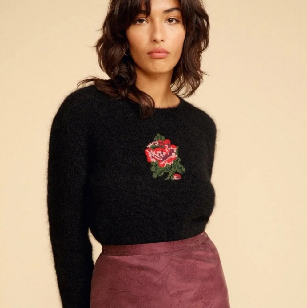 ROUJE BLACK NADINE ROSE EMBROIDERED MOHAIR BLEND PULLOVER SWEATER